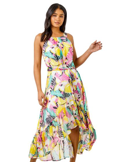 Roman Pink Tropical Print Halter Neck Chiffon Dress