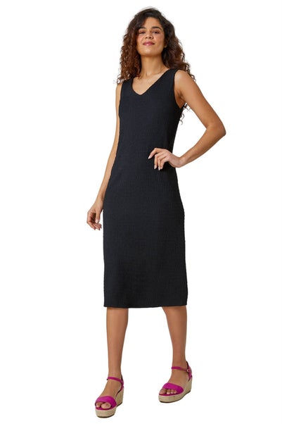 Roman Black Textured Stretch Jersey Midi Dress