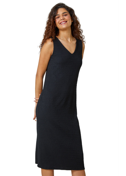 Roman Black Textured Stretch Jersey Midi Dress