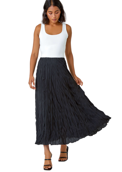 Roman Black Crinkle Textured Elastic Waist A Line Midi Skirt