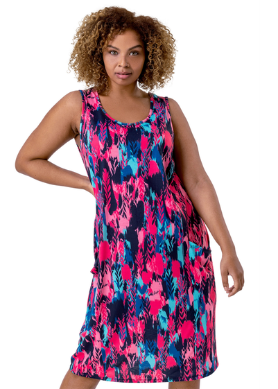 Roman Fuschia Curve Abstract Print Cocoon Dress