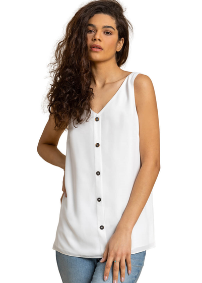 Roman Ivory V-Neck Button Front Sleeveless Top