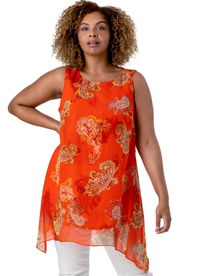 Roman Orange Curve Paisley Print Chiffon Vest Top