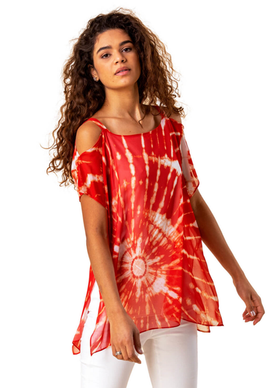 Roman Red Cold Shoulder Tie Dye Print Top