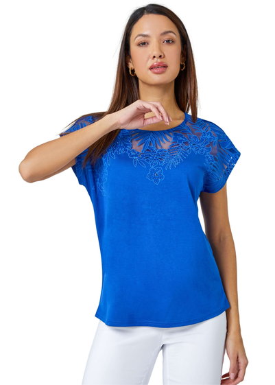 Roman Royal Blue Embellished Palm Print Cut Out T-Shirt