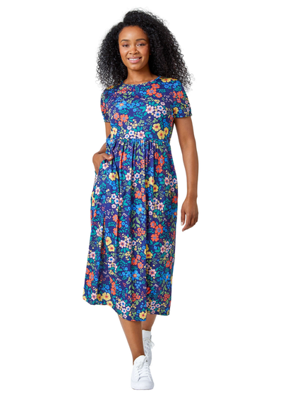 Roman Navy Petite Floral Print Midi Stretch Dress