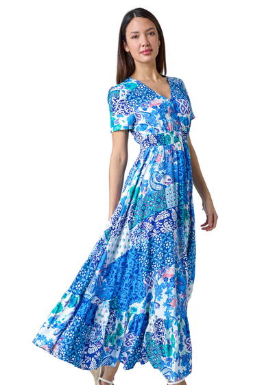 Roman Blue Patchwork Paisley Frilled Hem Maxi Dress