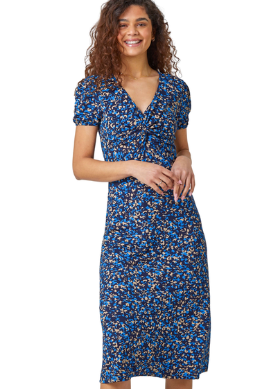 Roman Royal Blue Animal Twist Front Midi Stretch Dress