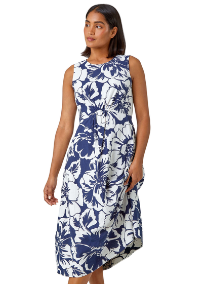 Roman Navy Sleeveless Cotton Blend Floral Midi Dress