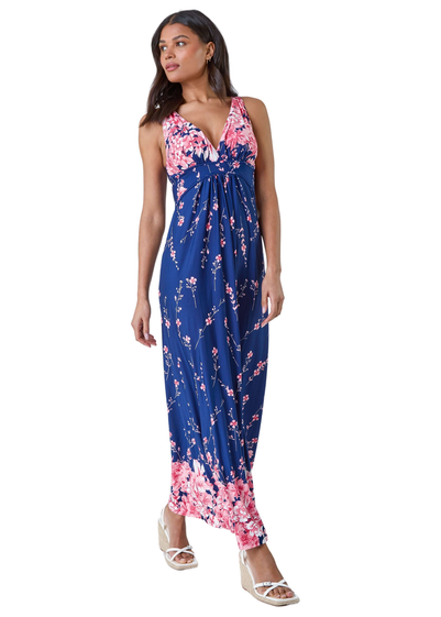 Roman Navy Floral Print Stretch Maxi Dress