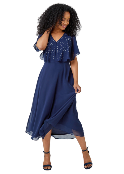 Roman Navy Petite Embellished Midi Cape Dress