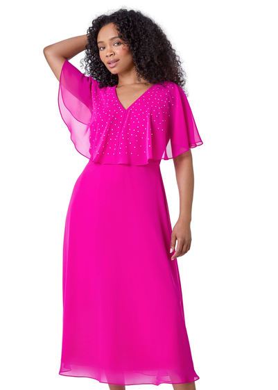 Roman Pink Petite Embellished Midi Cape Dress