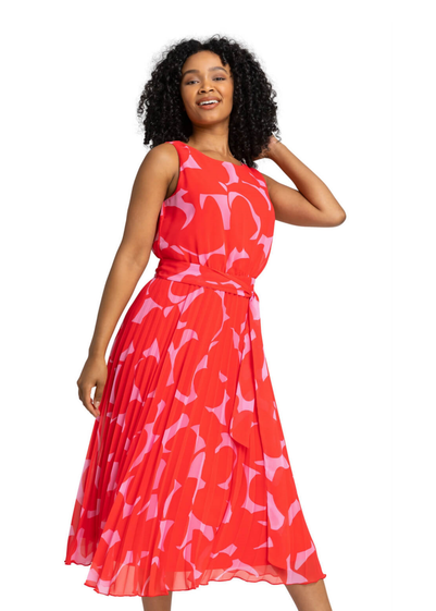 Roman Red Petite Abstract Print Pleated Midi Dress