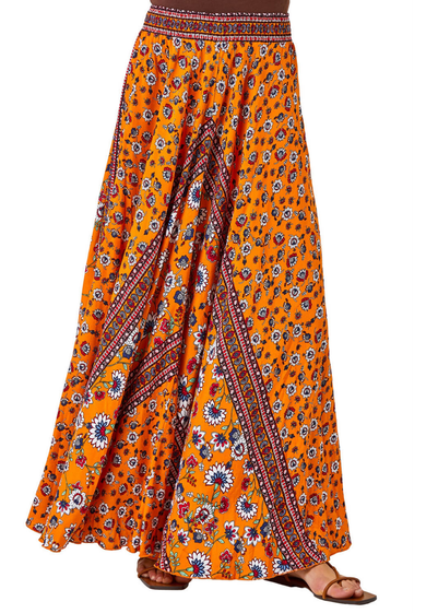 Roman Orange Floral Print Boho Elastic Waist Maxi Skirt