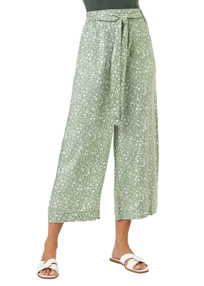 Roman Sage Ditsy Floral Elastic Tie Waist Cropped Culottes