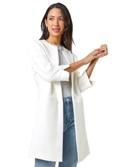 Roman Ivory 3/4 Sleeve Textured Longline Jacket