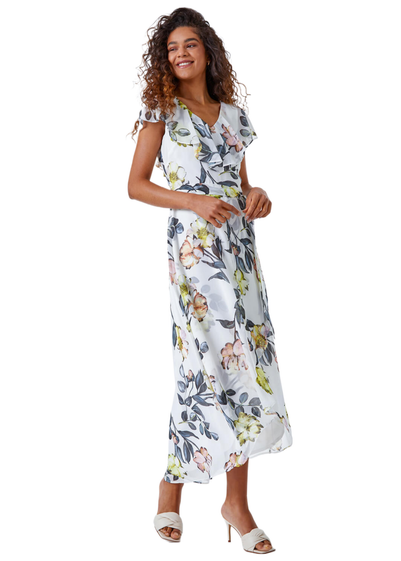 Roman Ivory Floral Print Frill Cape Wrap Dress