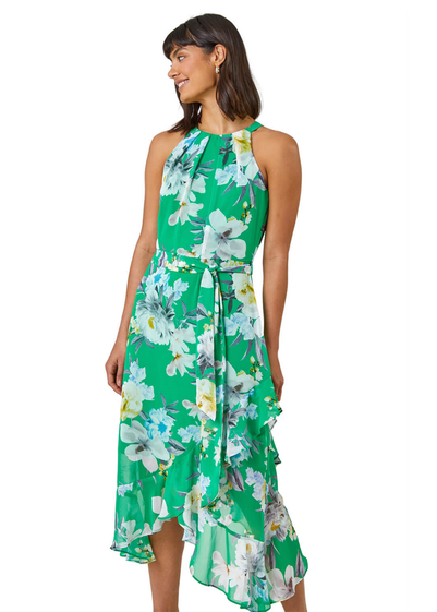 Green Satin Belted Midi Dress - Matalan