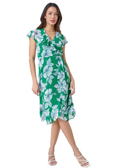 Roman Green Floral Print Chiffon Frill Wrap Midi Dress