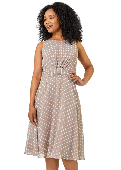 Roman Taupe Petite Spot Print Buckle Detail Dress