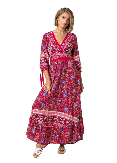 Roman Red Floral Border Print Wrap Maxi Dress