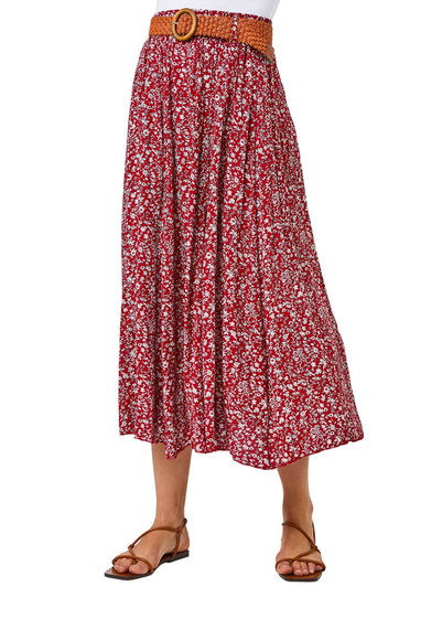 Roman Red Ditsy Floral Belted Elastic Waist Midi Skirt