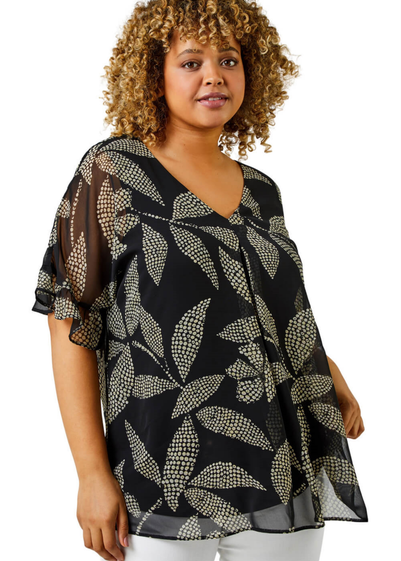 Roman Black Curve Abstract Leaf Print Chiffon Overlay Top