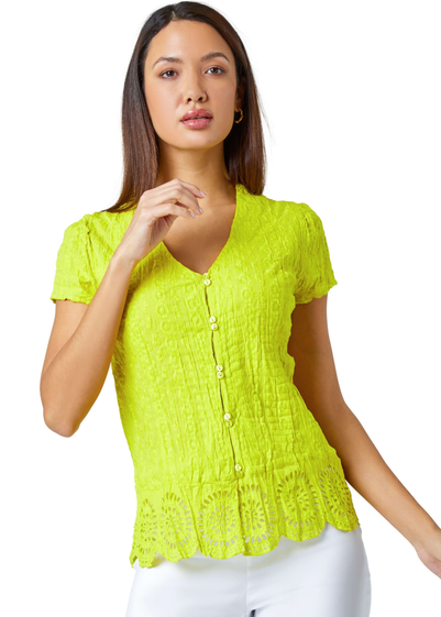 Roman Lime Cotton Embroidered V-Neck Crinkle Blouse