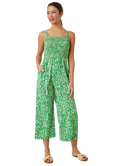 Roman Green Aztec Print Crop Shirred Jumpsuit