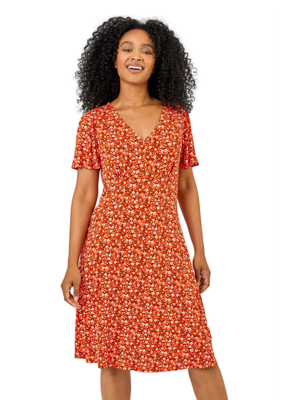 Roman Red Petite Floral Print Stretch Jersey Dress