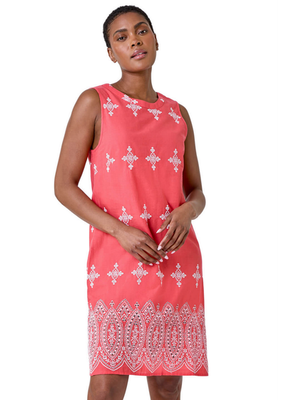 Roman Coral Broderie Contrast Hem Cotton Shift Dress