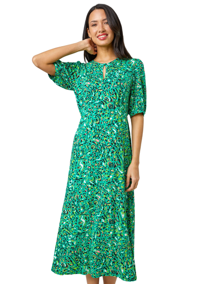 Roman Green Animal Print Keyhole Stretch Dress