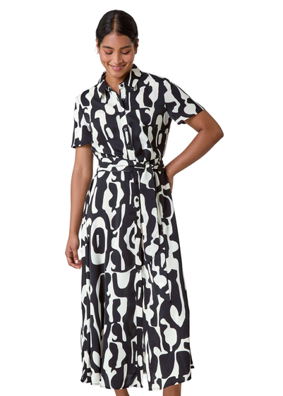 Roman Black Abstract Print Fit & Flare Shirt Dress