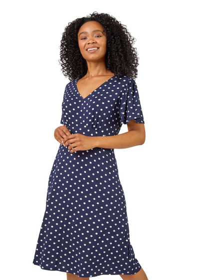 Roman Navy Petite Spot Print Stretch Jersey Dress