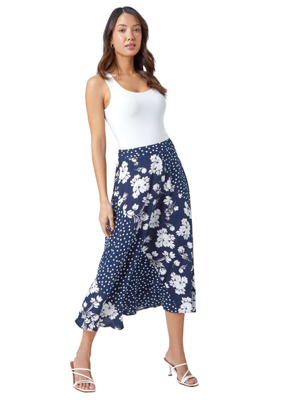 Roman Blue Mixed Floral Spot Print A Line Midi Skirt