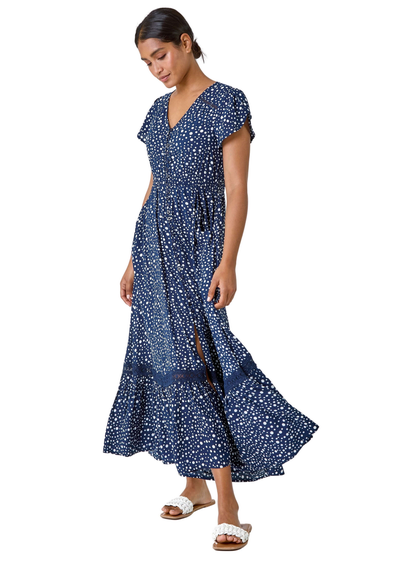 Roman Navy Polka Dot Lace Detail Maxi Dress