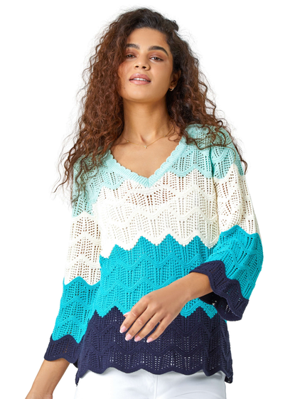 Roman Turquoise Colour Block Crochet Knit Scalloped Jumper