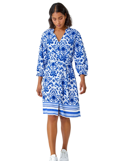 Roman Royal Blue Abstract Border Print Shirt Dress