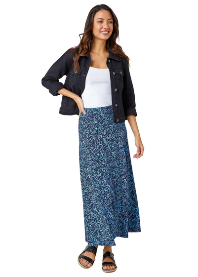 Roman Blue Ditsy Floral Elastic Waist A Line Midi Skirt