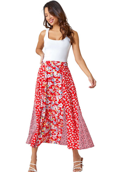 Roman Red Ditsy Floral Print Midi Skirt