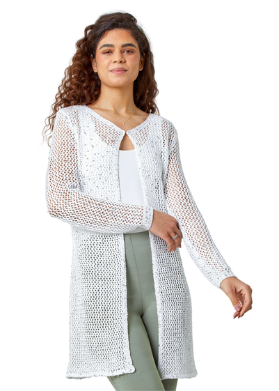 Roman White Sequin Knit Longline Cardigan