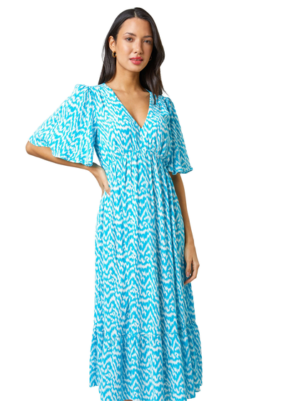 Roman Aqua Zig Zag Tiered Maxi Dress