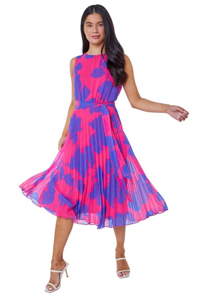 Roman Pink Petite Linear Floral Print Pleated Dress