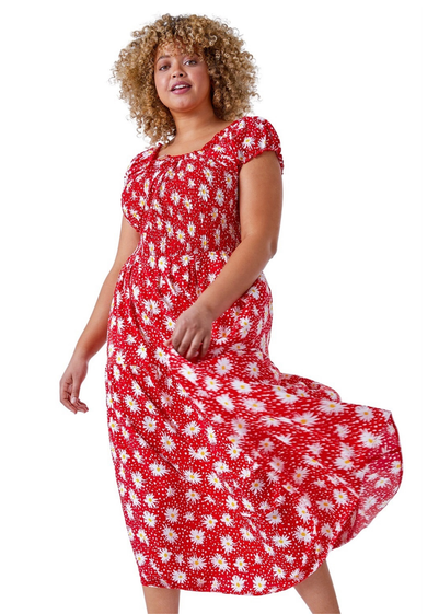 Roman Red Curve Floral Shirred Bardot Dress