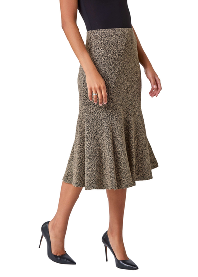 Roman Camel Flared Textured Midi Elastic Waist Skirt