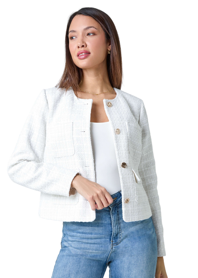 Roman Ivory Collarless Boucle Jacket
