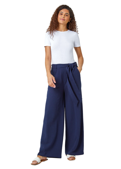 Roman Navy Textured Cotton Wide Leg Trousers