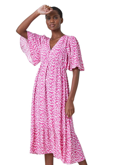 Roman Pink Zig Zag Print Tiered Hem Midi Dress