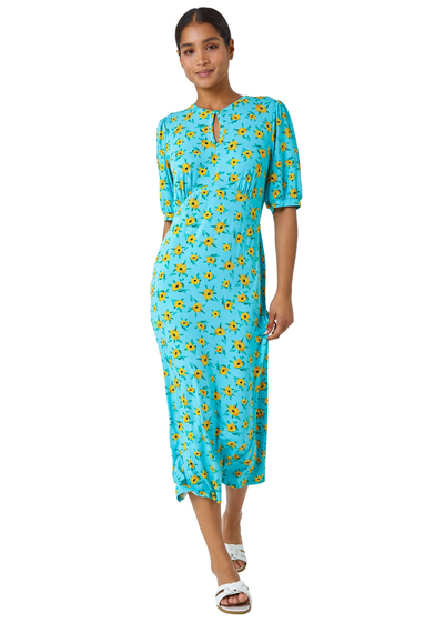 Roman Blue Sunflower Print Keyhole Stretch Midi Dress