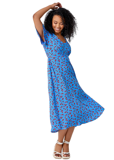 Roman Blue Petite Strawberry Print Midi Tea Dress